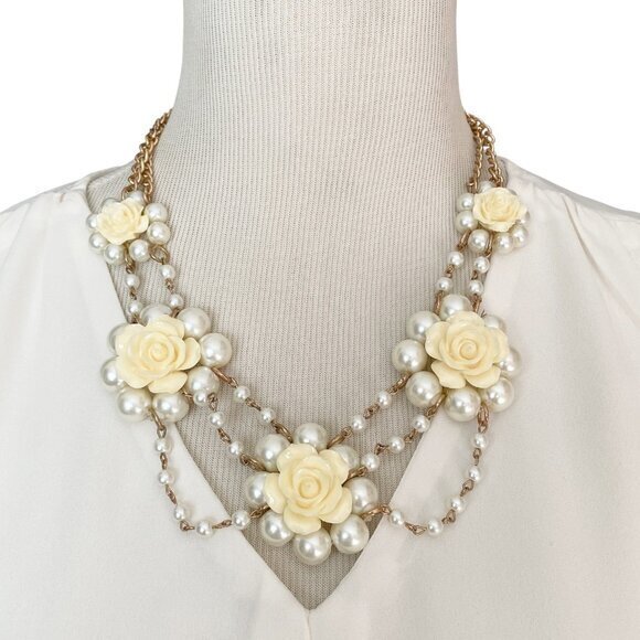 Jewelry - White Lucite Rose Bib Statement Necklace with White Pearls Adjustable Length